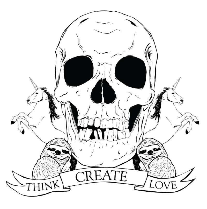 A family crest that has a skull in the center flanked by unicorns and sloths. A banner underneath reads, "Think, Create, Love."