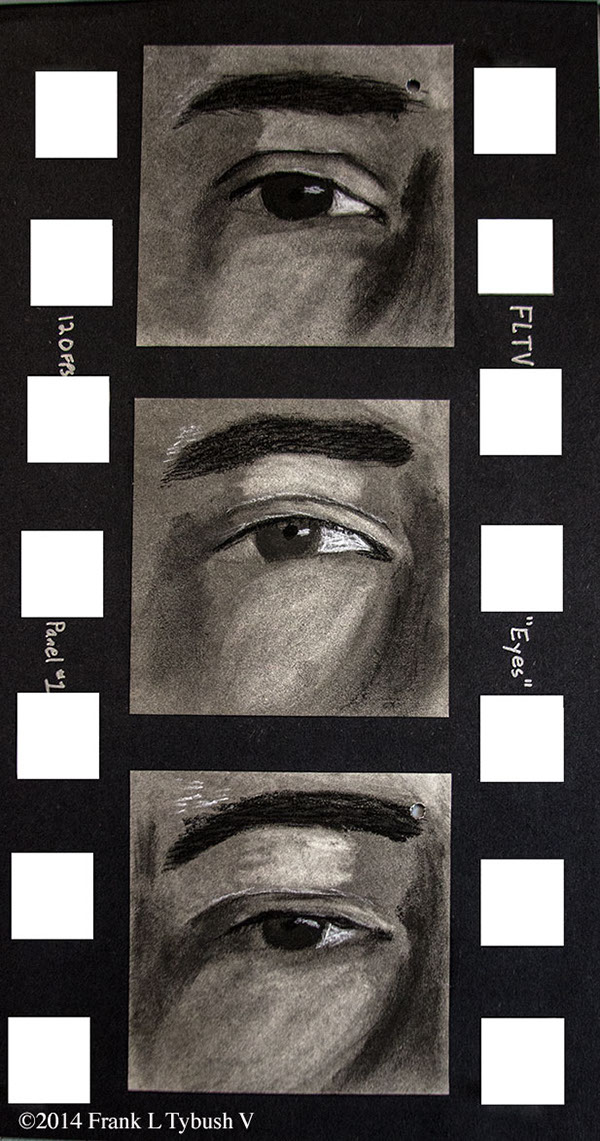 An oversized filmstrip with three charcoal drawings of a blinking eye.