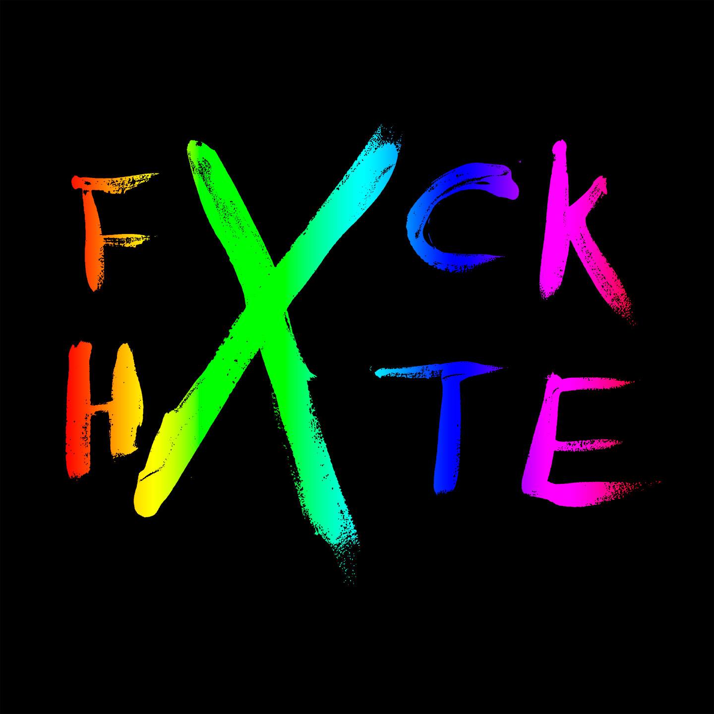 A rainbow colored Fxck Hxte logo.